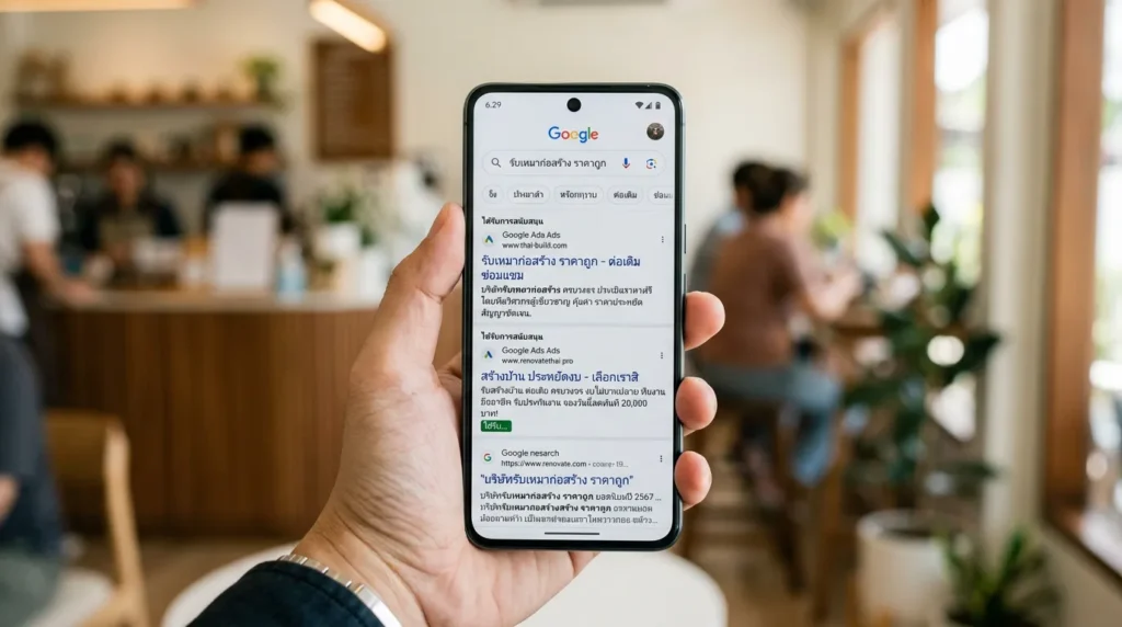 หน้าจอสมาร์ทโฟนแสดงผลการค้นหา Google Ads แบบ PPC