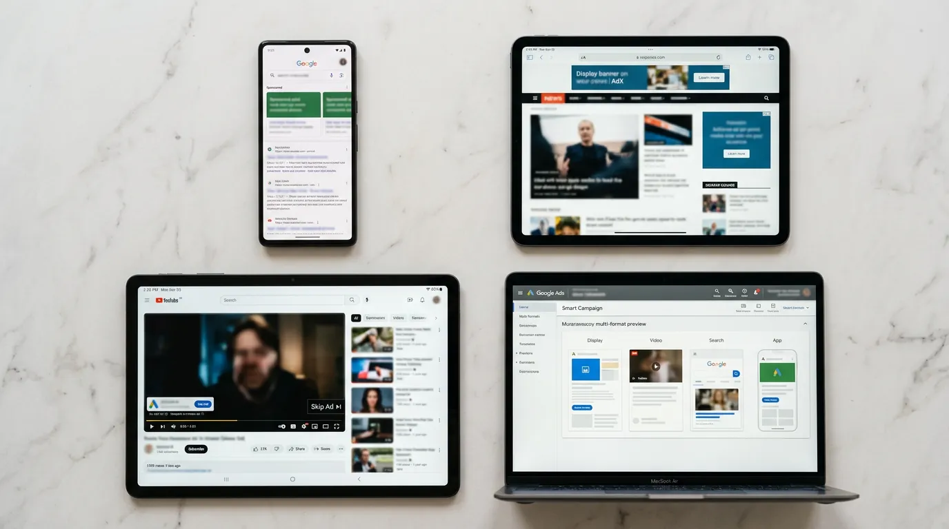 ประเภทโฆษณา Google Ads ได้แก่ Search Display Video และ Smart Campaign