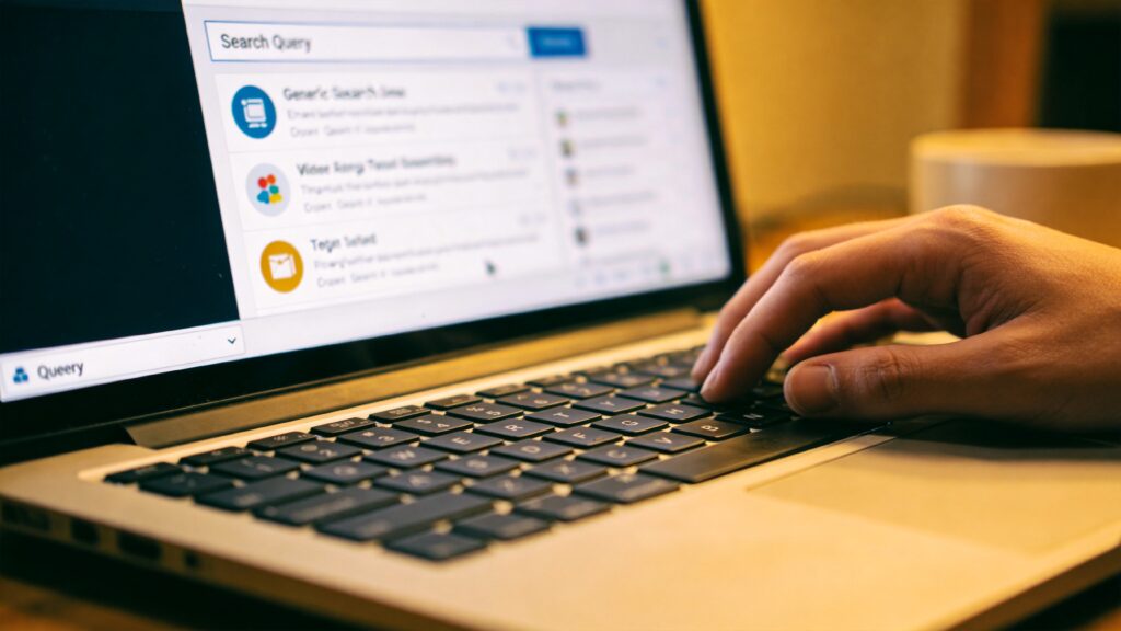 มือพิมพ์ค้นหาชื่อธุรกิจใน Google บนแล็ปทอป ตรวจสอบว่าเว็บติดอันดับหรือไม่